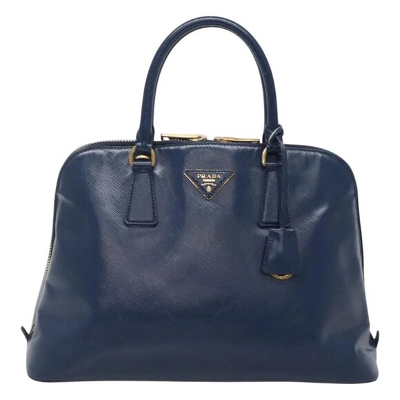 PRADA Hand Bag Safiano Leather Blue Gold Auth - Picture 1 of 16